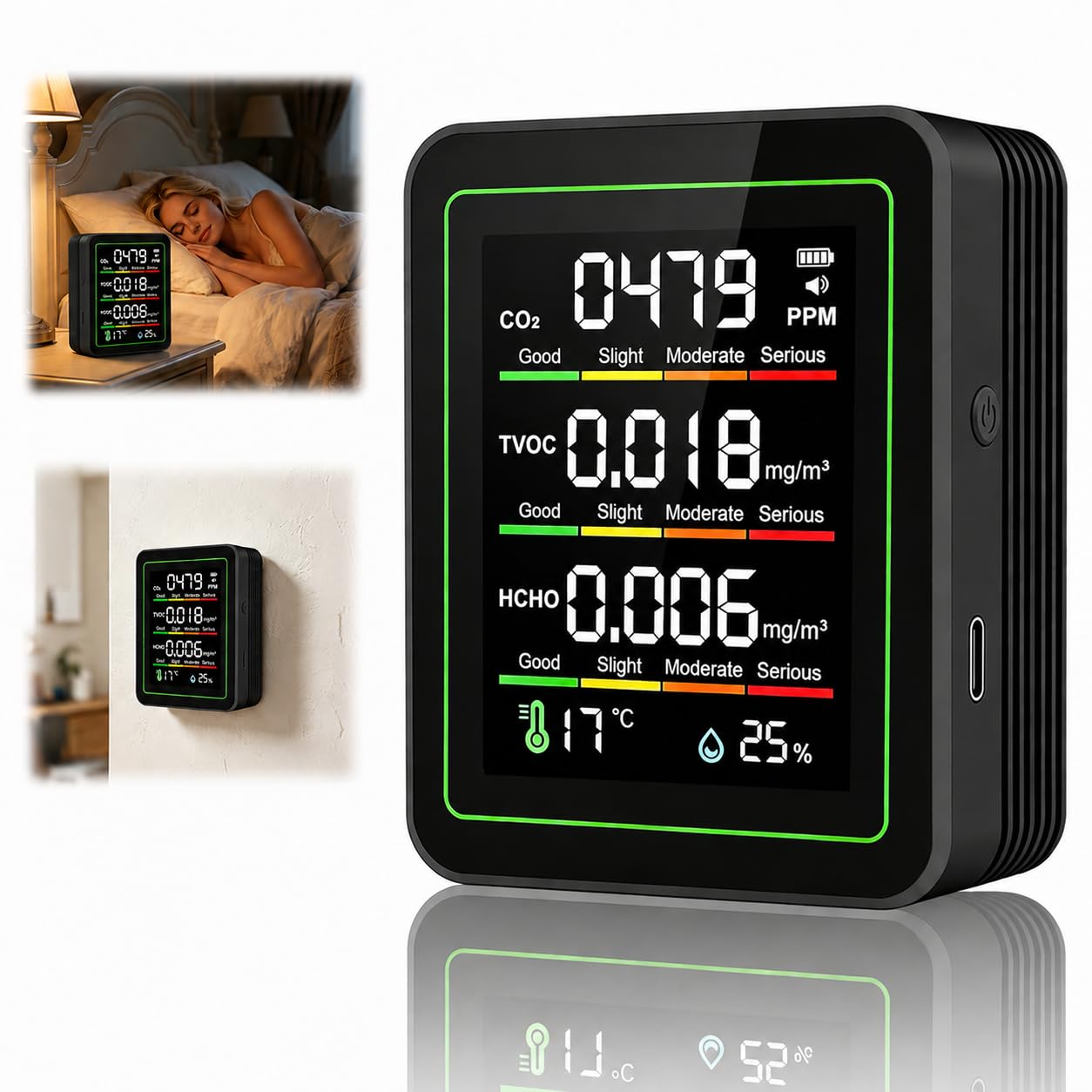 5-in-1 Air Quality Monitor (CO2 | TVOC | HCHO | Temperature | Humidity), CO2 Detector with Smart Alert, Real-Time Display Hygrometer Suitable for Homes, Offices, and Air Monitoring, Black