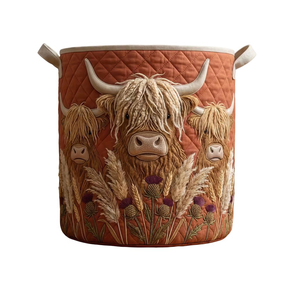 Vintage Highland Cow Quilted Laundry Basket Storage Hamper with Handles (KT38420A01,S)
