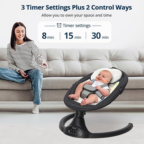 Miniatura 8 de Bioby Columpio para bebés con 5 velocidades de balanceo naturales, balancín de música portátil Bt con control remoto y arnés de 5 puntos, balancín