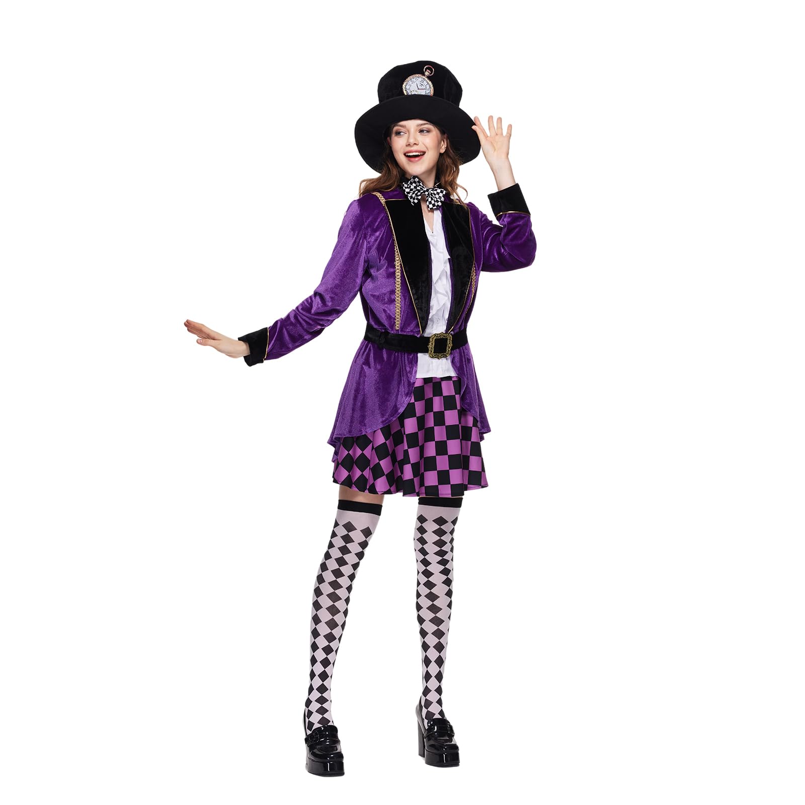 EraSpooky Adult Women Hatter Costume Mad Tea Party Purple Halloween Fancy Dress 6 Pc Set including Accessories Size S - Image 4
