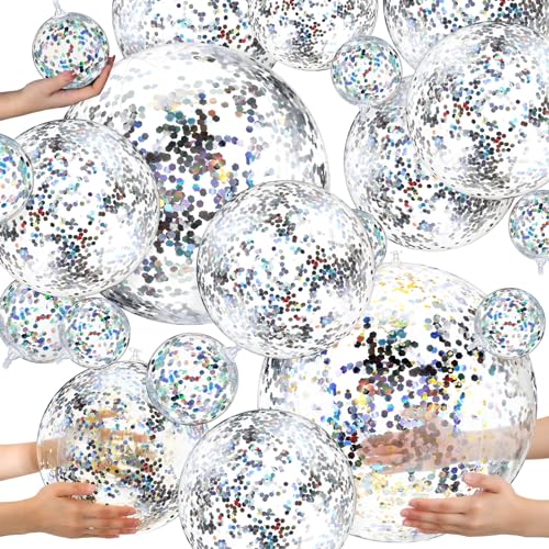 Sratte 20 Pcs Inflatable Beach Balls Bulk, Multiple Sizes Summer Swimming Pool Balls for Adults Hawaii Luau Party Supplies(Clear, Silver,Sequin)