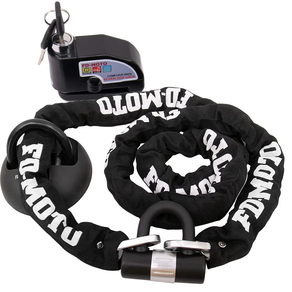 FD-Moto 4.3KG Steel 2M*10mm Chain Lock Padlock + Alarm Brake Disc Lock Black + Ground Wall Anchor Heavy Duty for Motorbike Motorcycle Scooter Bike Bicycle ATV