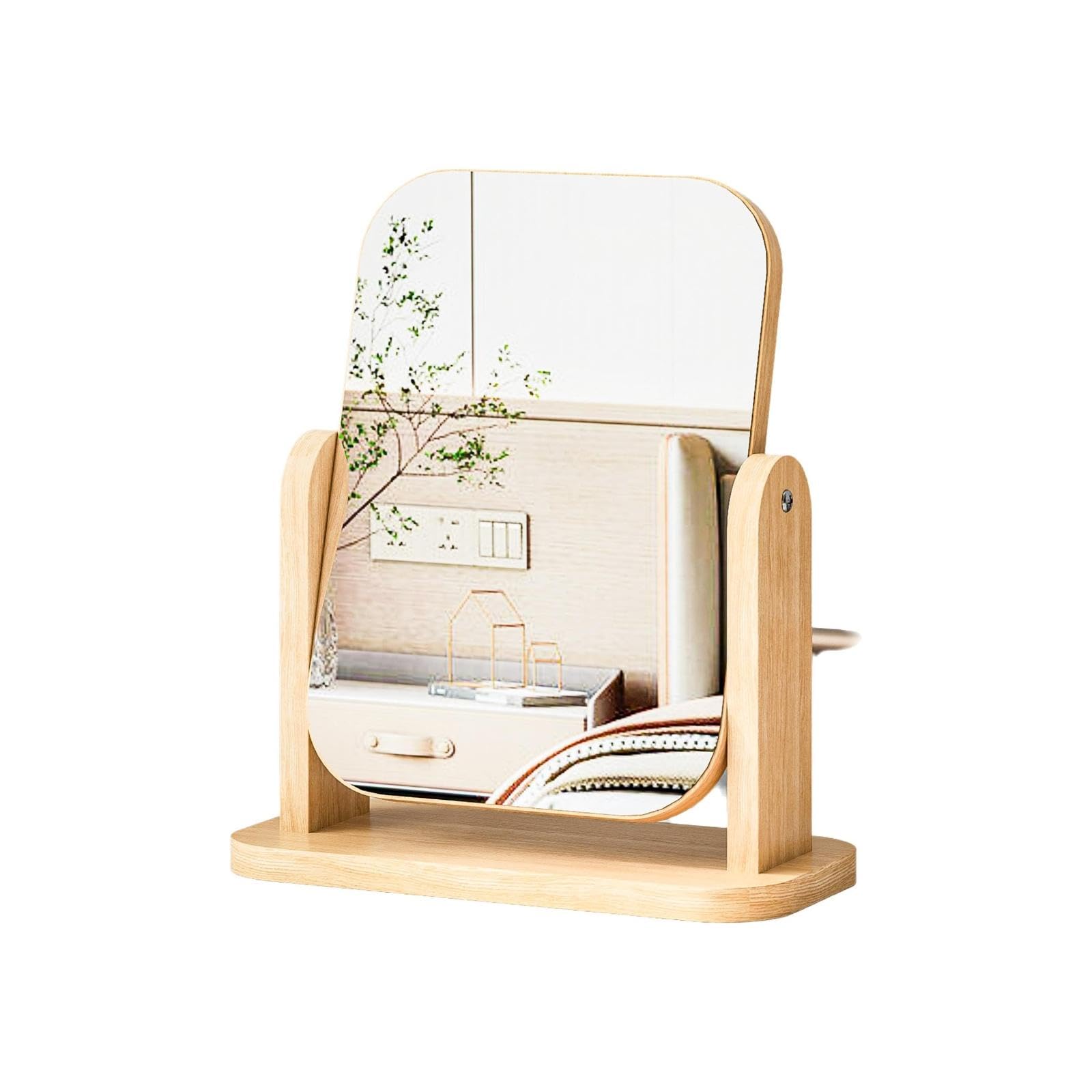Wooden Makeup Mirror, Rectangular, 360° Rotating, Portable, Desktop, Home Small Rotating-image-19