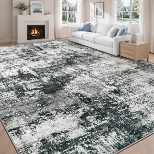 MXSANYOO 8x10 Area Rugs Washable Rug: Abstract Neutral Rugs Modern Non Slip Area Rug Stain Resistant Low Pile Indoor Carpet for Dining Room Bedroom Nursery Office (Black Grey, 8'x10')