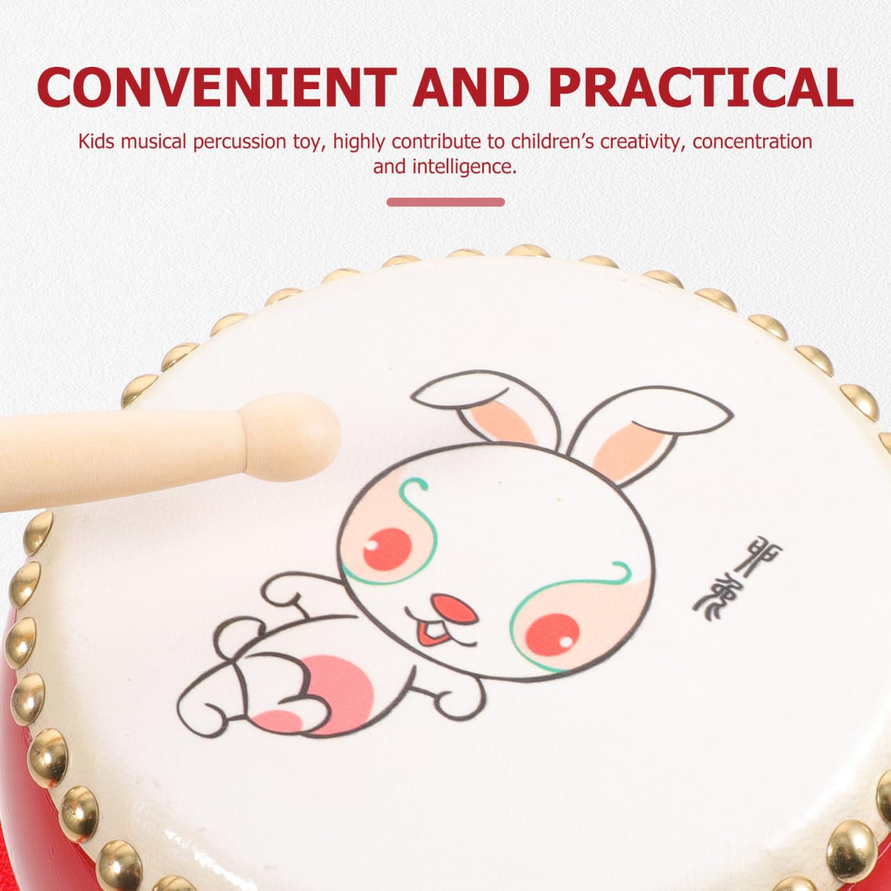 Tambor de madera de 7 pulgadas: juego de batería de madera con una correa ajustable y 2 baquetas - Instrumento musical de percusión con patrón de conejo del zodiaco chino para el aprendizaje 3