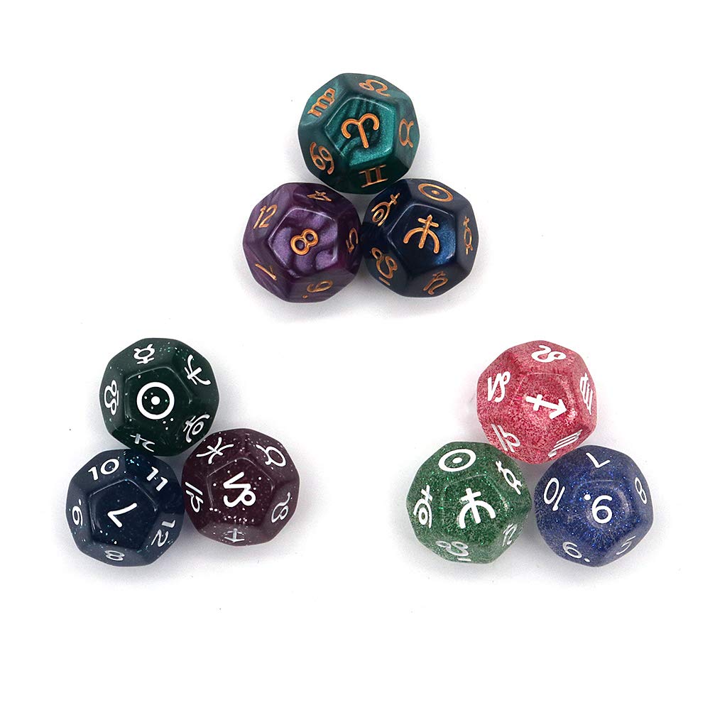 Fasizi 3 Sets of 9Pieces Multicolor 12 Sided Resin Dice Astrology Tarot Constellation Divination