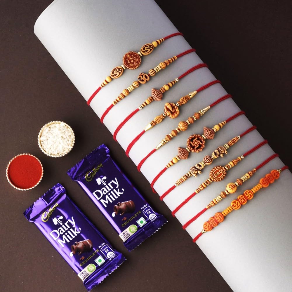 SFU E Com Premium Designer Rakhi with 2 Pieces Dairy Milk Chocolates | Set of 10 Rakhi with Chocolate Gift for Brother | Roli, Chawal, Chandan, Misri | 19 (B08BPCNKJ8) Amazon Price History, Amazon Price Tracker
