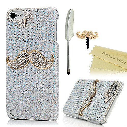 iPod Touch 5 Case - Mavis's Diary 3D Handmade Fashion Shiny Bling Crystal Lovely Mustache Rhinestone Diamond Hard Silvery Cover for iPod Touch 5th Generation & Dust Plug & Feather Stylus Pen