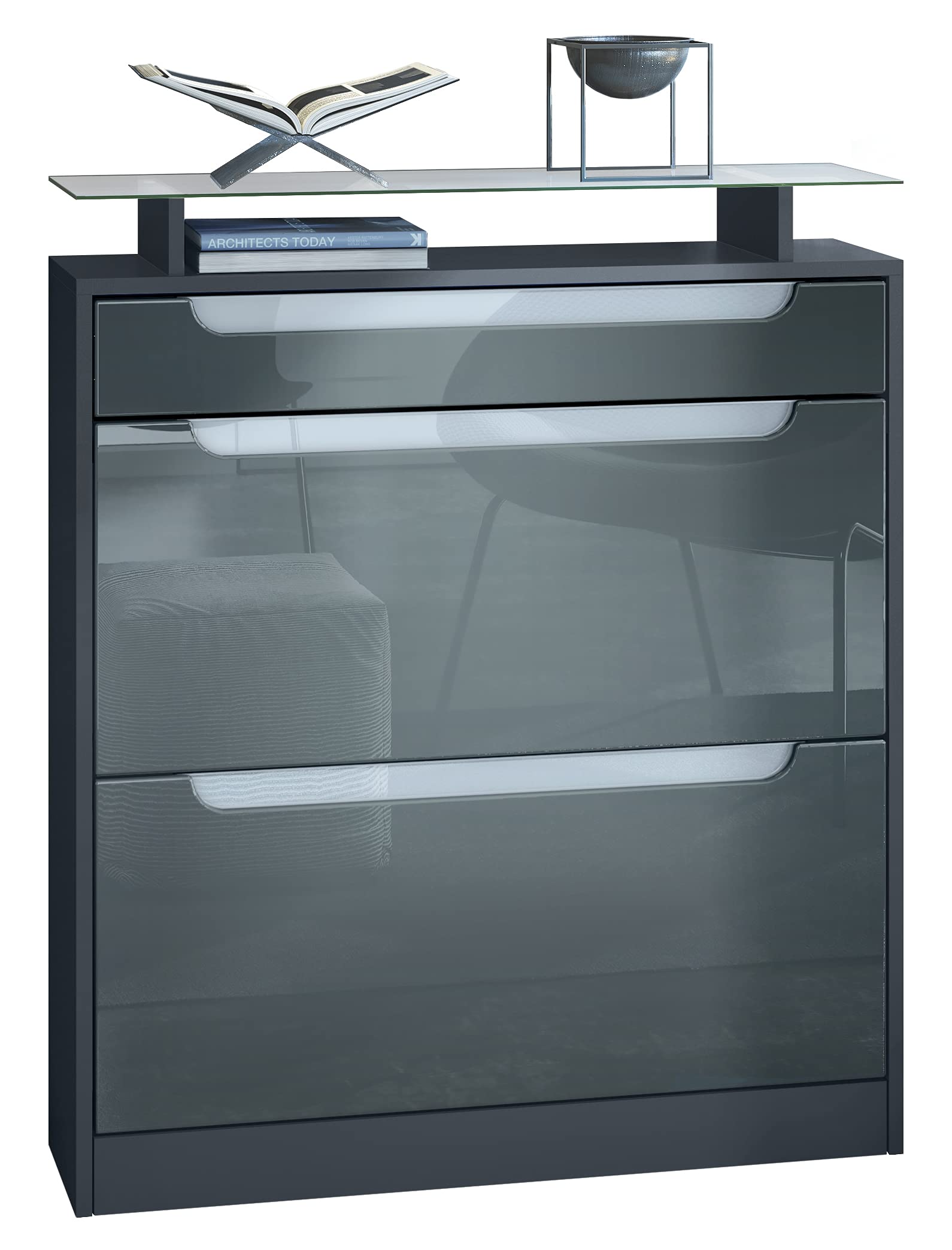 Vladon Meuble à Chaussures Today 155,5 X 95 X 28 Cm En Blanc Mat, Façades En Gris Haute