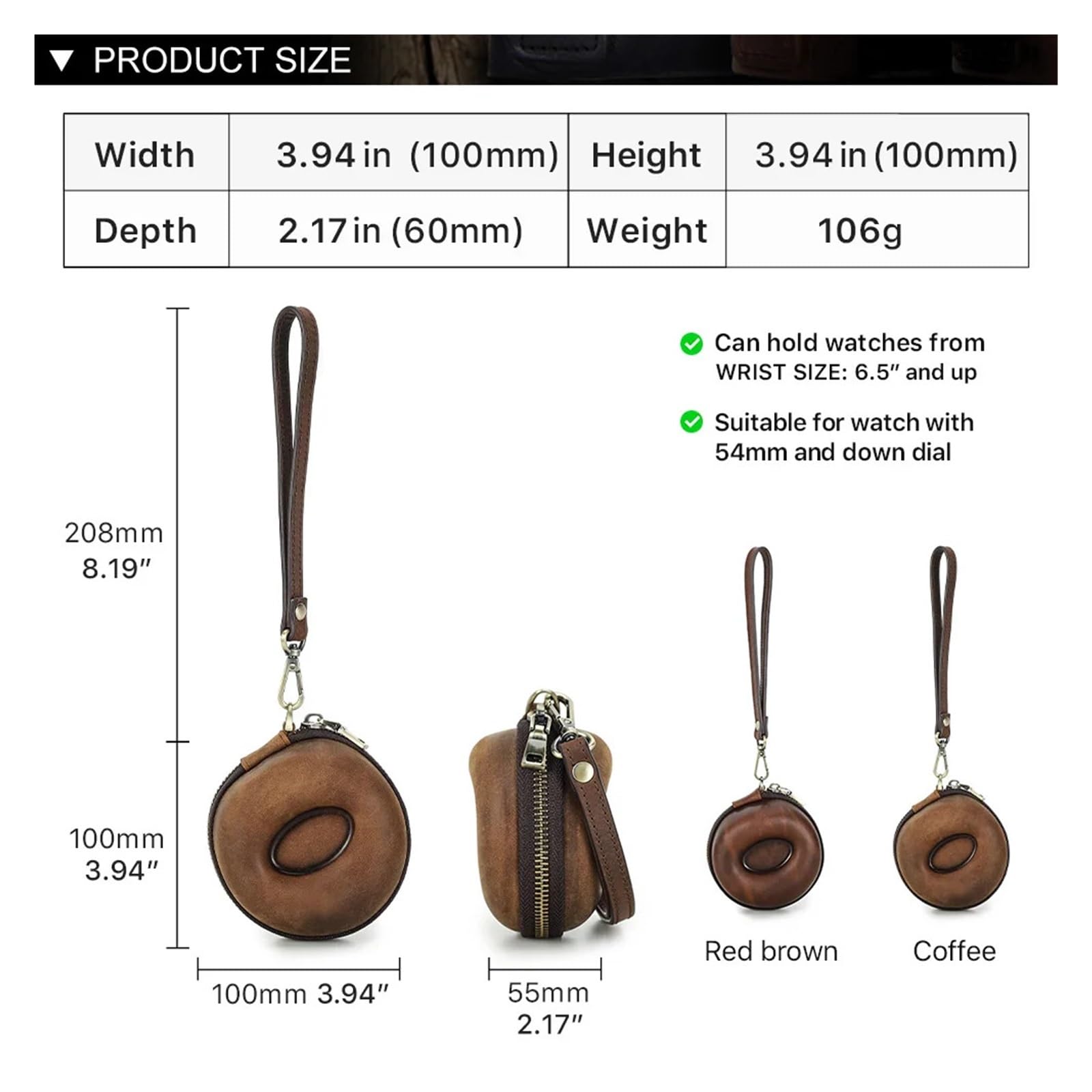 Boîte de rangement pour montre portable en cuir véritable avec fermeture éclair pour ranger pièces de monnaie et montre connectée (café)