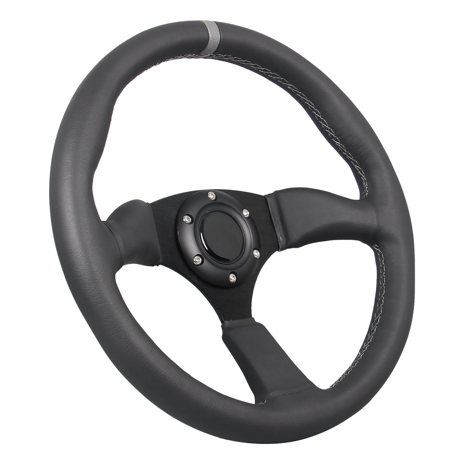Volante de carreras de 350 mm con rayas grises, 6 pernos, empuñadura de cuero negro, radios anodizados negros cepillados y botón de bocina.