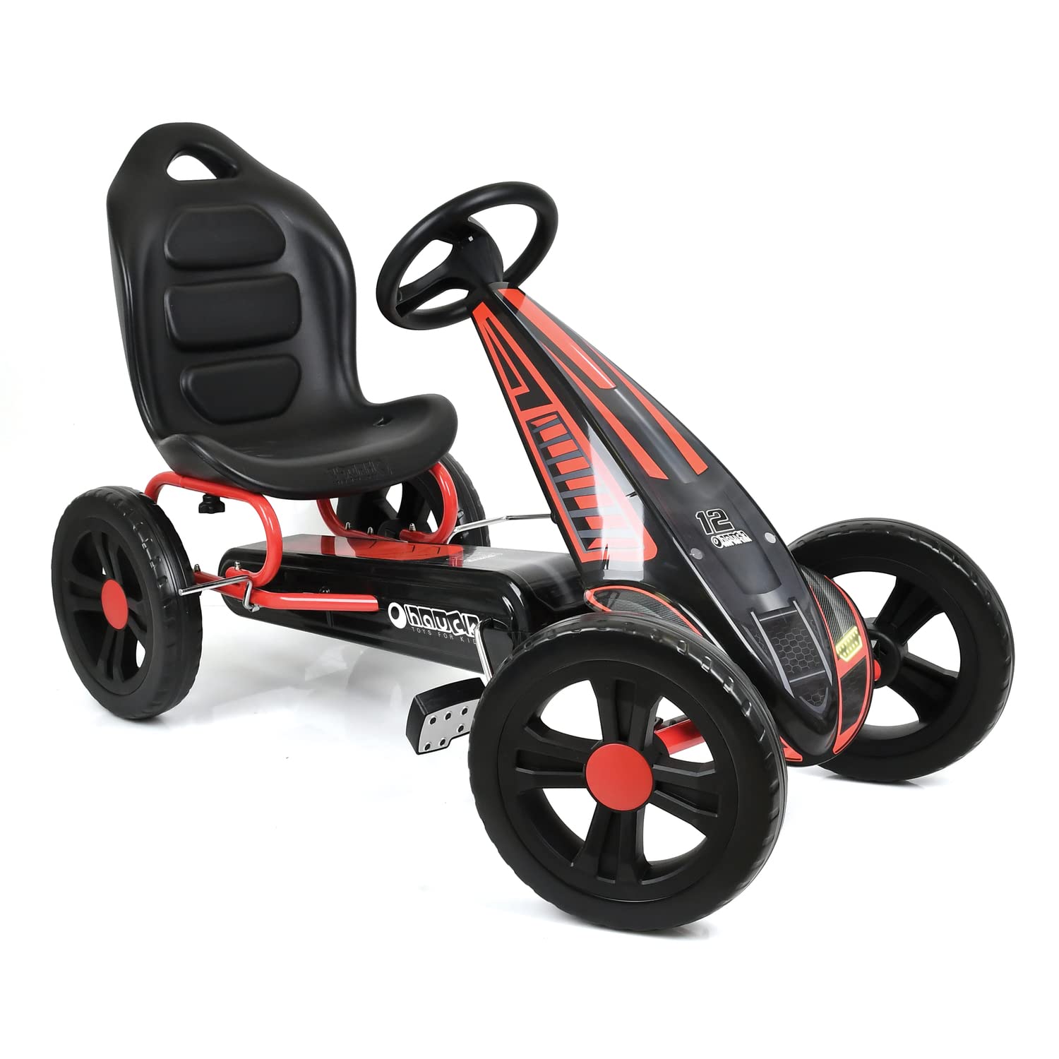 hauck Go Kart Cyclone - Kart Pedales para Niños de 4 a 10 Años - Coche Pedales con Ruedas de 12 Pulgadas - Go-Kart con Freno de Mano y Asiento Ajustable - Chasis de Acero - Negro/Rojo