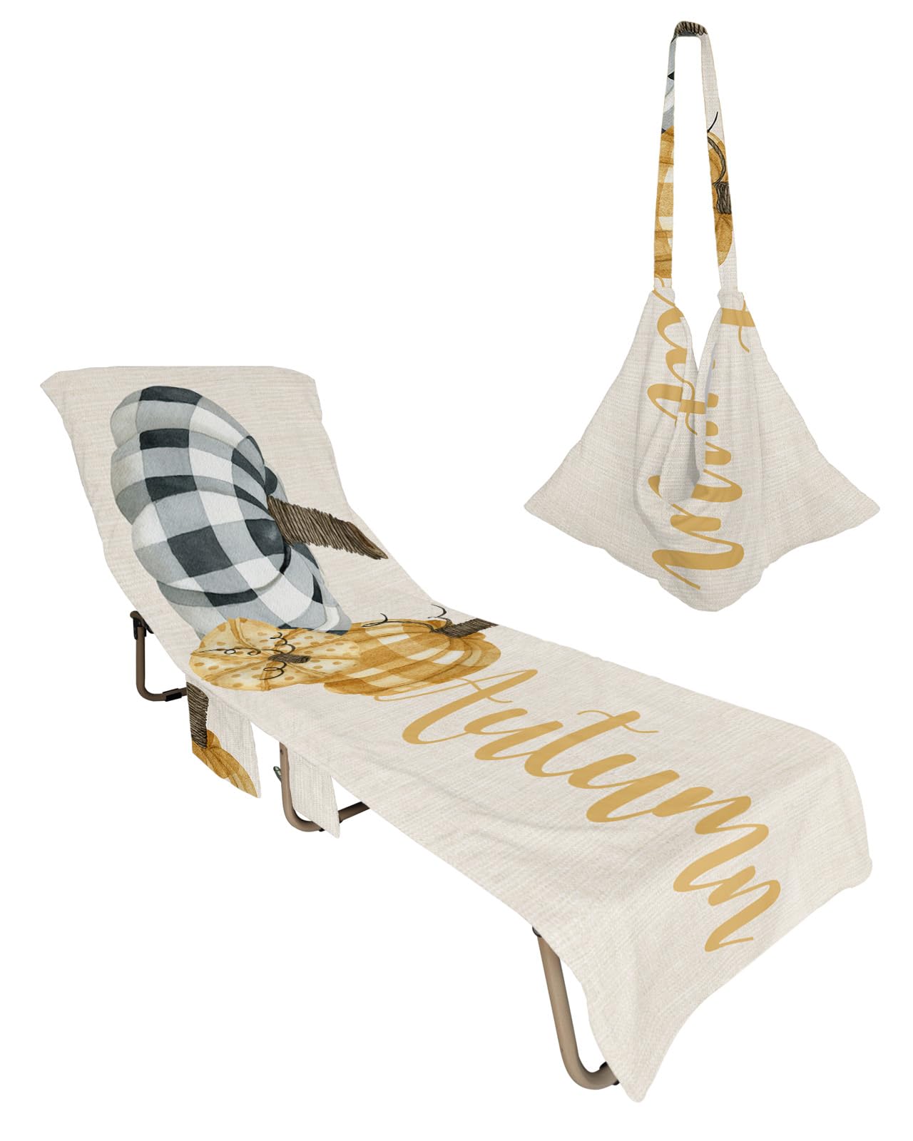 Thanksgiving Fall Beach Chair Towel Covers for Chaise Lounge with Side Pocket, Soft Plush Pool Towels Cover for Patio Sunbathing Outdoor 29''x85'' Autumn Leopard Checkered Pumpkin