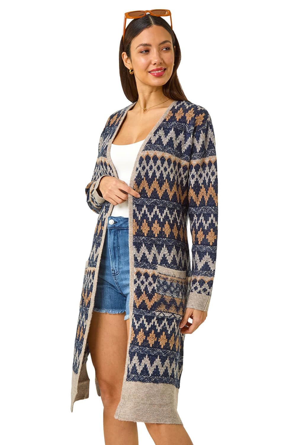 Roman Originals Women's Denim Patterned Belted Knit Cardigan For Uk - Everyday Autumn Winter Comfy Soft Evening Vacation Work Party Night Out - Size M