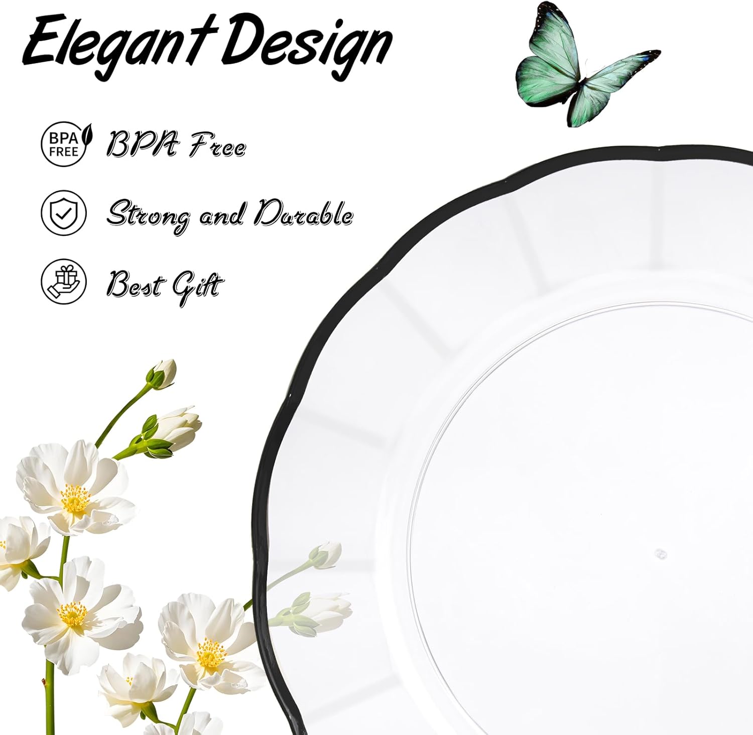 EI 150pcs Clear and Black Plastic Plates Dinnerware Disposable Party Set for 30Guests,Dinnerware Include 60 Clear Plates Disposable 90 Black Silverware,Perfect for Party,Business Events,Hotel