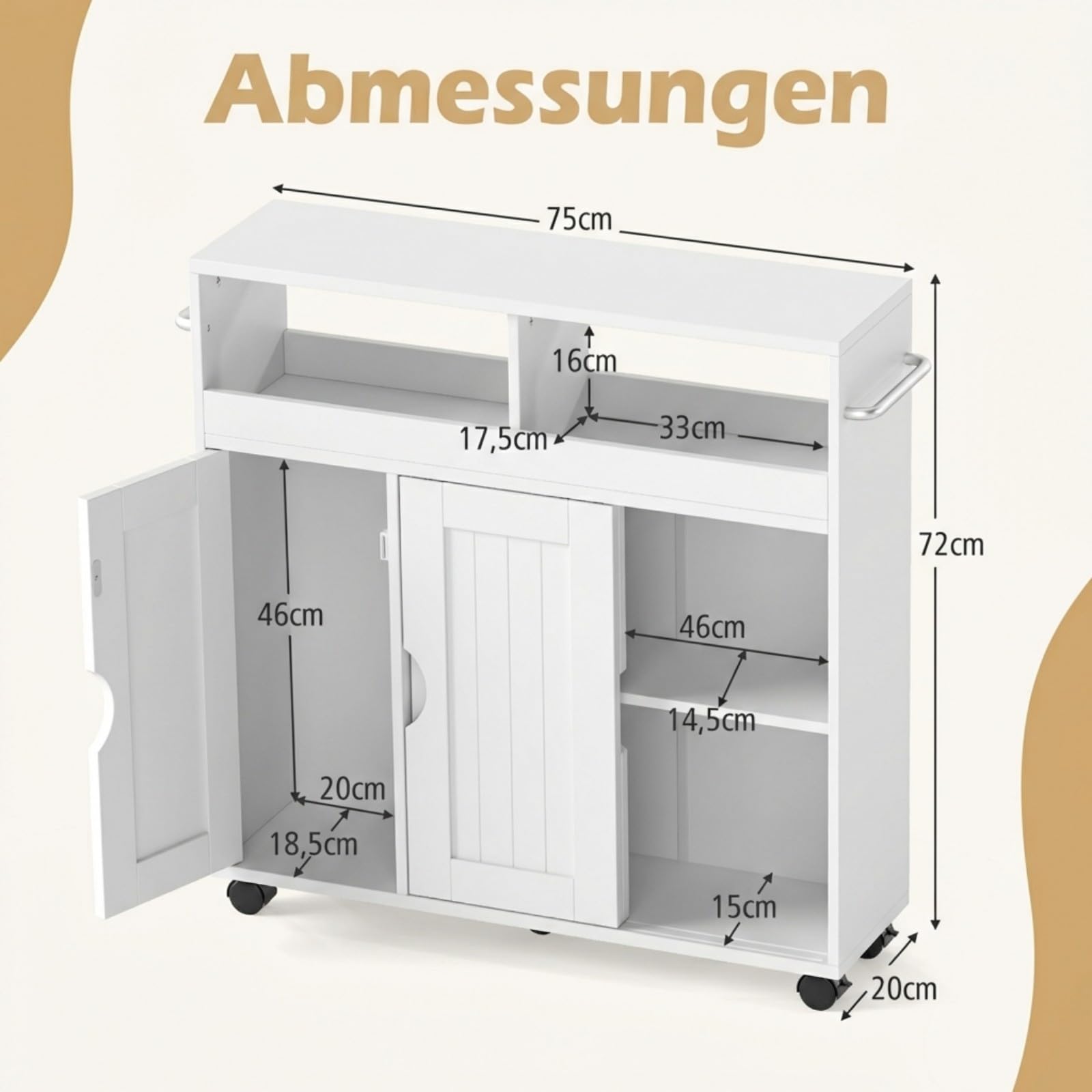 COSTWAY Nischenschrank mit Rollen, Badezimmerschrank schmal mit verstellbarem Regal & Handtuchhalter & Schiebetüren, Badrollwagen, Nischenwagen für Bad, Küche, kleine Räume, 75 x 20 x 72 cm