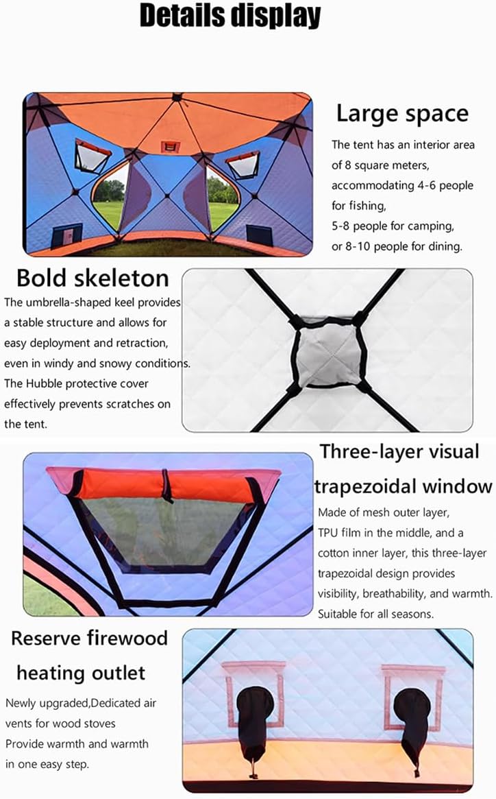 Insulated Ice Fishing Shelter – Winter Fishing Tent with Stove Jack & Floor, Portable Hexagonal Pop Up Ice Fishing Tent for 6-12 Person, Windproof, 4 Windows & Vents, Lightweight Carry Bag