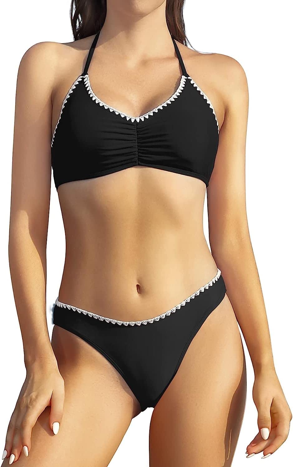 SHEKINIHalter Bikini Top Low Waist Bottom Bikini Set Two Pieces, Black, M