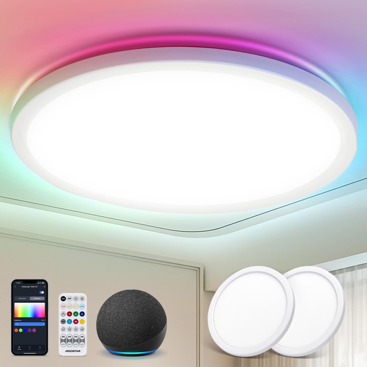 Aigostar Mesh - Lampara Techo Inteligente Delgada Bluetooth Mesh, Ø400mm, 36W, Lampara Techo Alexa, 3500LM, 3000K-6500K y RGB regulable, Plafon LED Techo para Dormitorio, Salon, Cocina, 2Uds