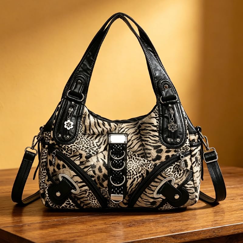 Bolso bandolera Y2K de piel sintética para mujer, diseño de leopardo, gran capacidad, elegante paquete de correas para moto, con tachuelas de lujo