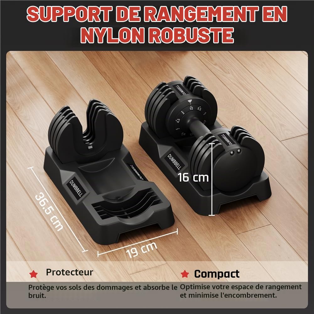 Yaheetech Haltère Réglable 12/25 kg de Musculation 5 en 1 Ensemble d'Haltères à Charge Variable avec Base de Rangement pour Entraînement Fitness Gym à Domicile Bureau