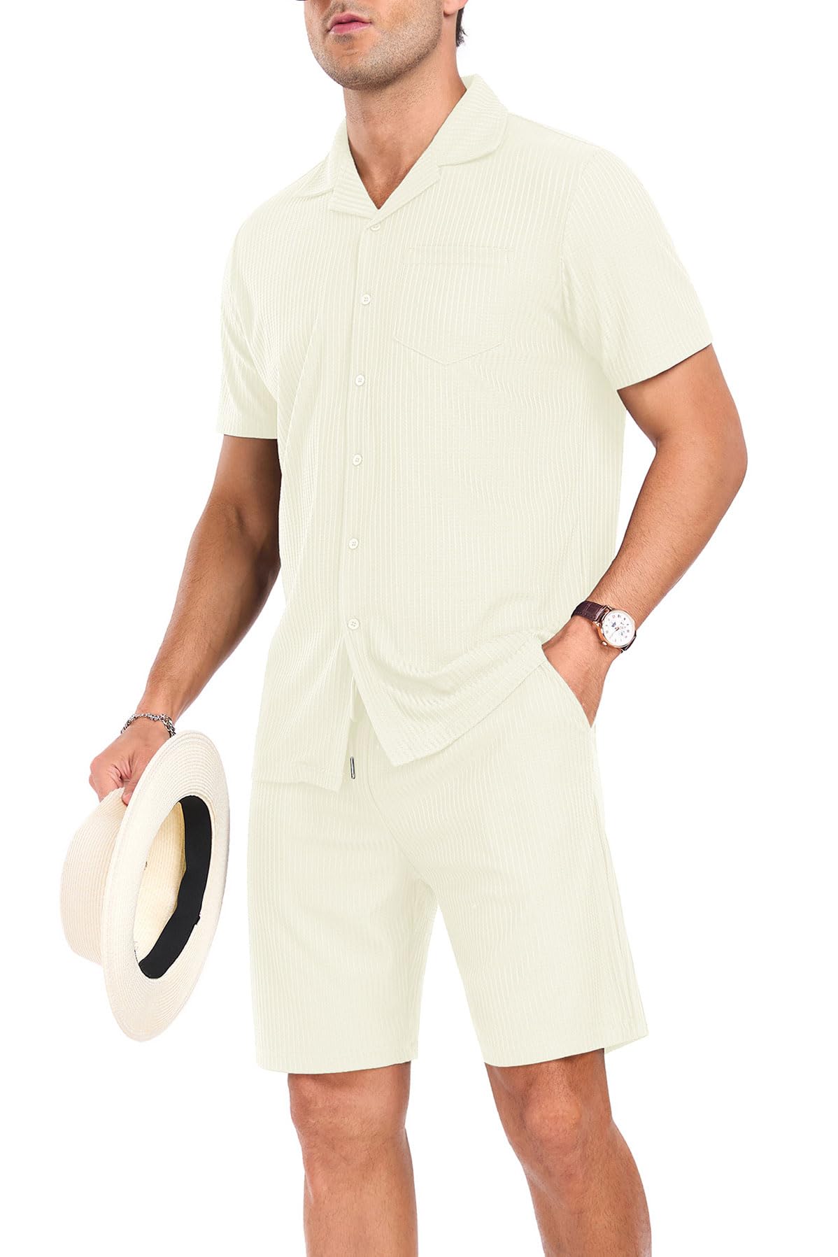 PrinStory Mens Short Sleeve Outfits 2 Piece Summer Beach Button Down Shirts and Shorts Set Tracksuit with Pockets