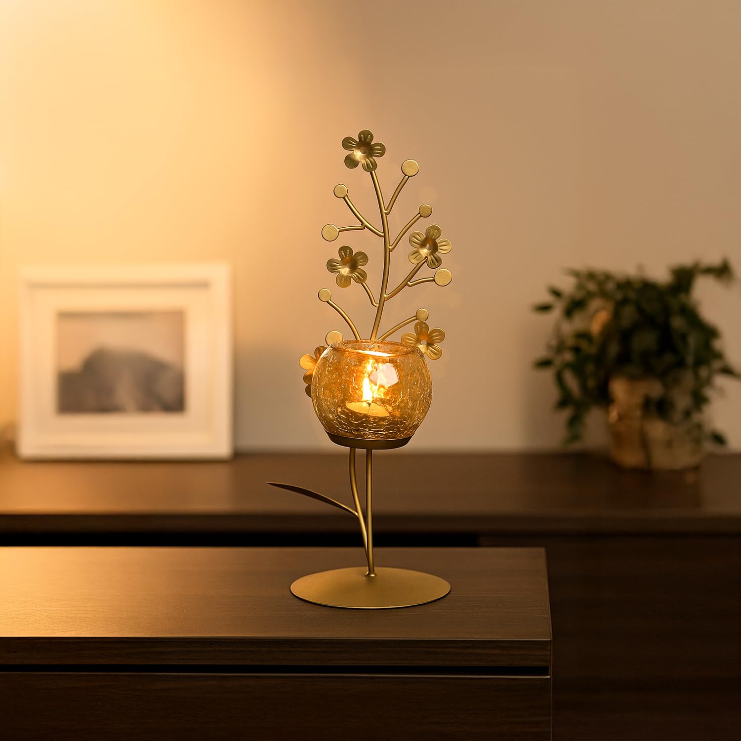 Golden Metal Glass Votive Holder - Elegant Candle Decor -4