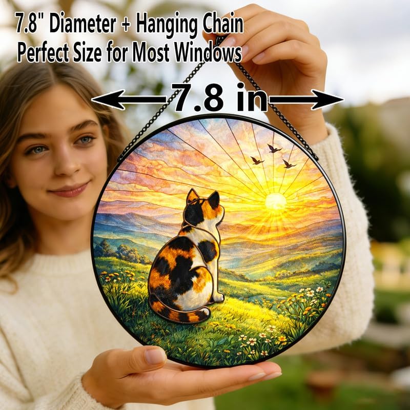 Stained Glass Window Hanging Suncatcher 7.8 in Calico Cat Sunset View Colorful Glass Panel Sun Catcher for Window,Window Hanging Decor for Home,Housewarming Gift