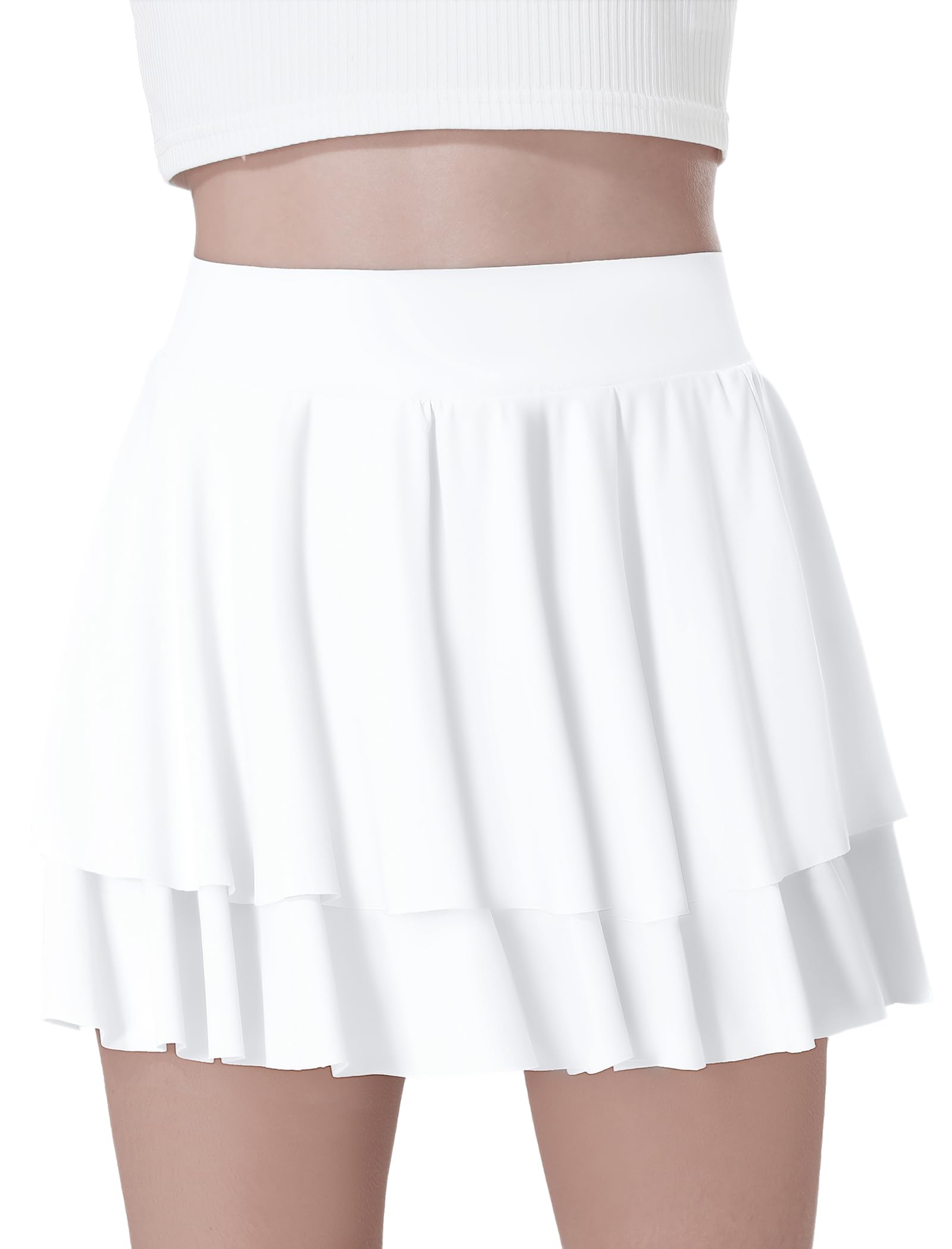 EXARUS Girls Athletic Tennis Skirt Golf Skort Cheer Flowy with Shorts Underneath Tiered Mini High Waisted Pleated Preppy White 12Y