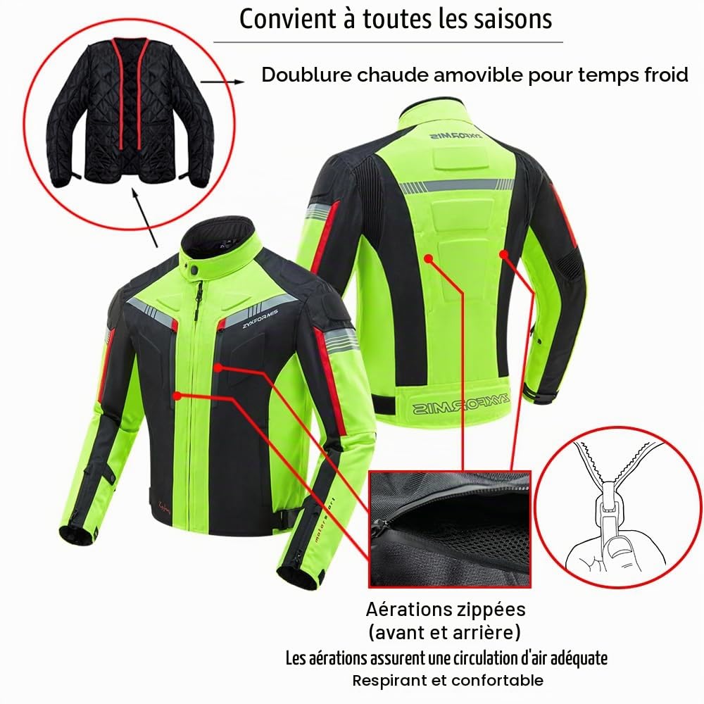 Veste de Moto, Blouson Moto Homme Sport avec Armure pour l'automne Hiver toute la saison étanche coupe-vent XXL Fluo