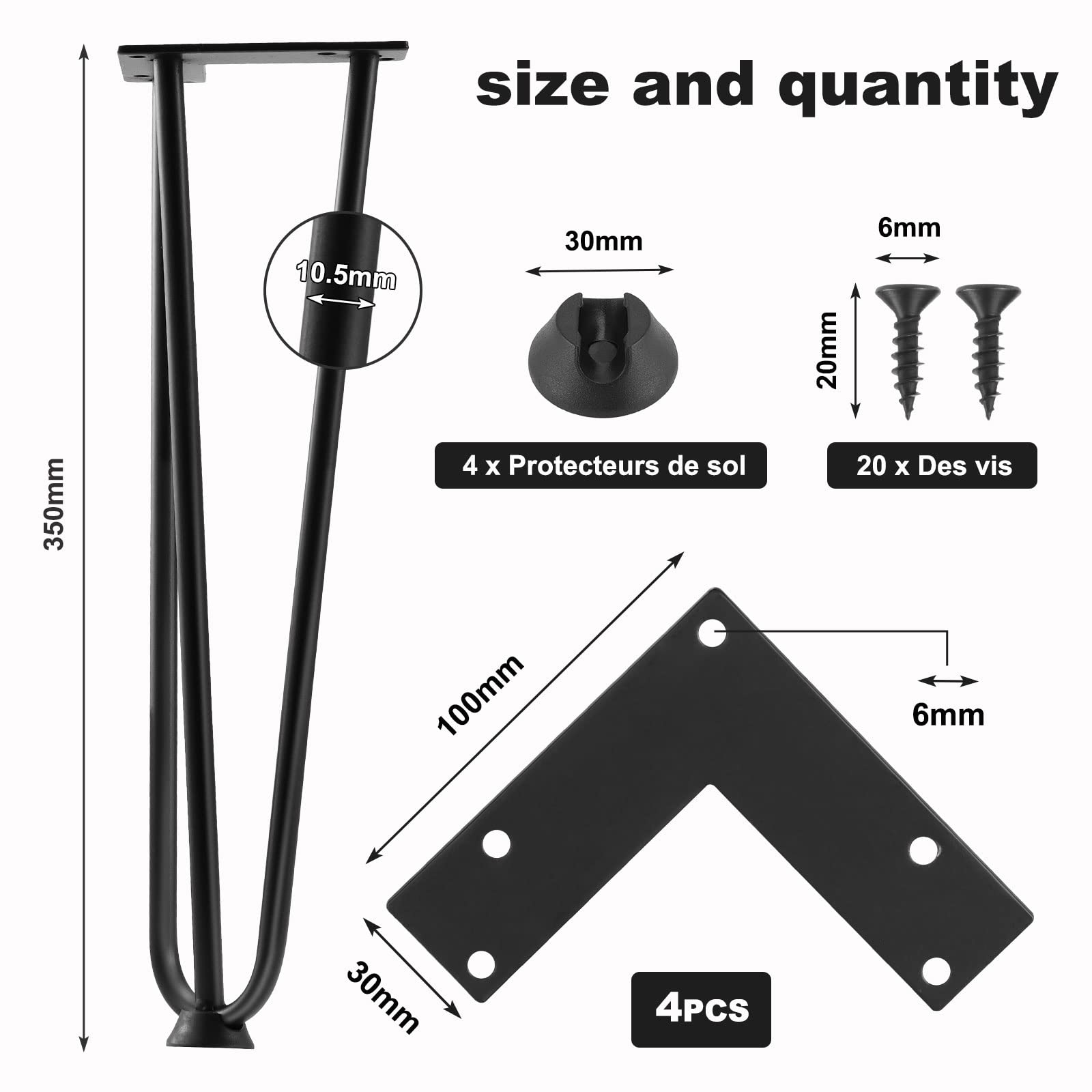 Randaco Hairpin legs, 45 cm, haarspeld, tafelpoten, meubelpoten, metaal, tafelpoten, haarspeldpoten, verwisselbare meubelpoten voor eettafel
