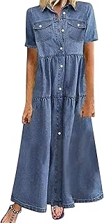 Women's Long Denim Dress - Vintage Button-Front Short Sleeve Maxi Dress with Distressed Pleated Pockets