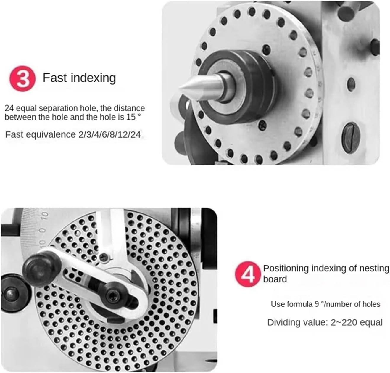 Indexing Dividing Head for Milling Machine 100mm 3-Jaw Chuck Spiral Tailstock Indexing Plate suitable for milling machine rotary table (No Tailstock)