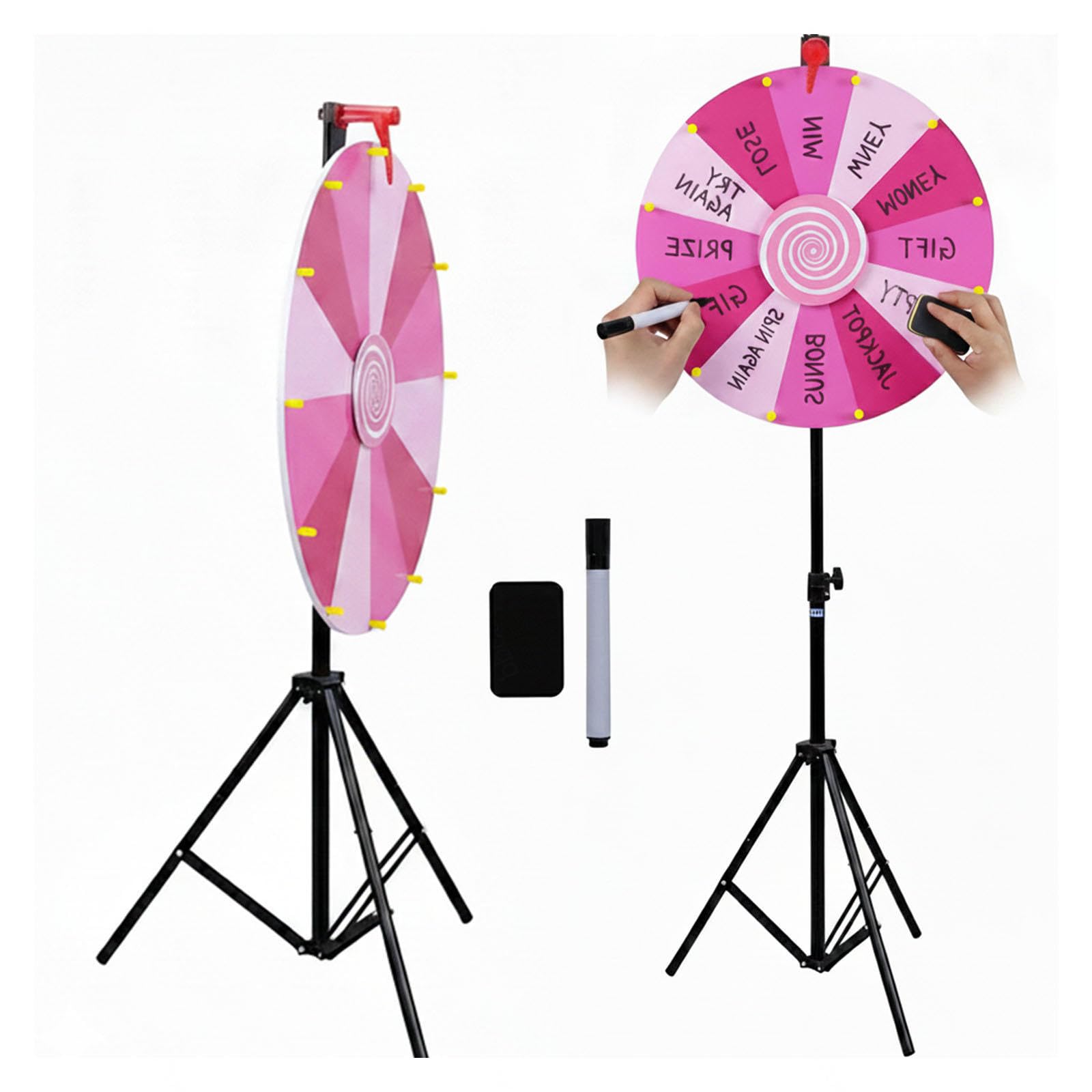 60cm Ruleta Giratoria con Ajustable Soporte de 100-200cm, Roda De Premio con 14 Ranuras para Carnaval y Feria Comercia,Pink