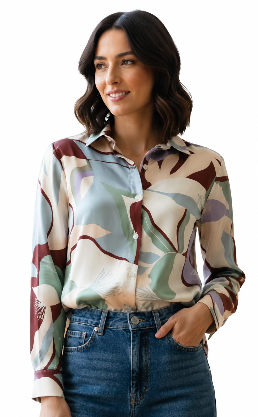 amazon brand - inkast Women Abstract Floral Printed Spread Collar Long Sleeves Casual Cami Shirt-picture-47