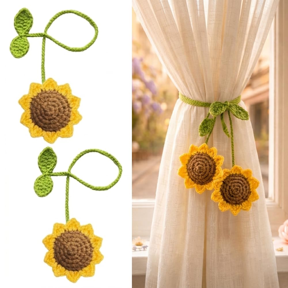 Handmade Crochet Sunflower Curtain Tiebacks (2 PCS) – Boho Flower Curtain Holdbacks, Decorative Window Drapery Tie Back Set, Aesthetic Home Decor for Living Room & Bedroom-image-15