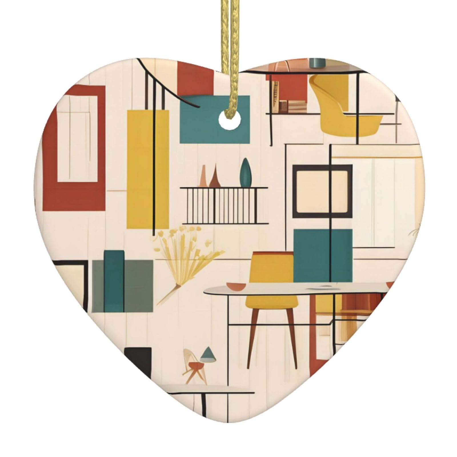 Mid Century Modern Ceramic Christmas Heart Pendant with Silk Thread, Christmas Tree Home Decoration