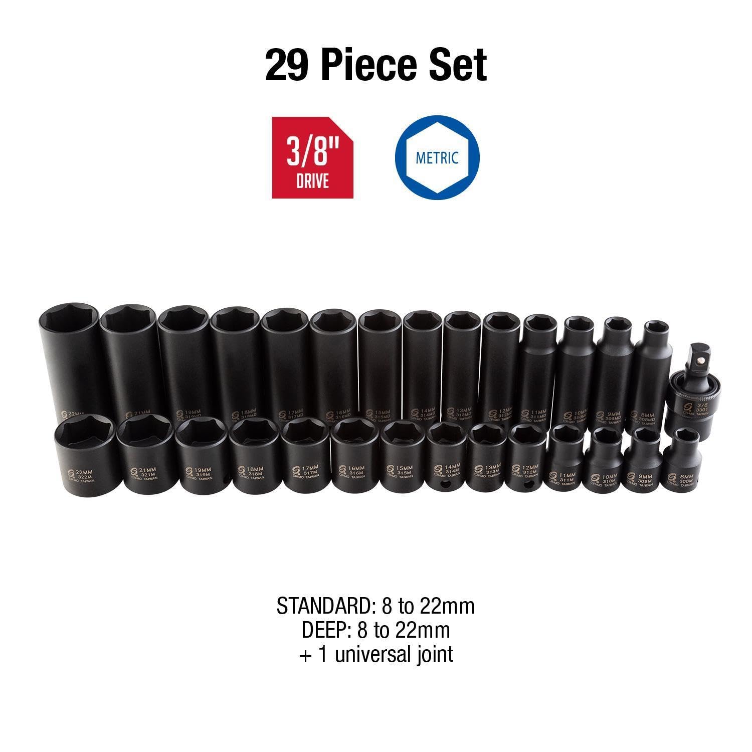 SUNEX 3329 disque 3/20,3 cm Standard et métriques douilles à choc, métrique, Standard/profonde, 6 pans, Cr-Mo, 8 mm – 22 mm, 29