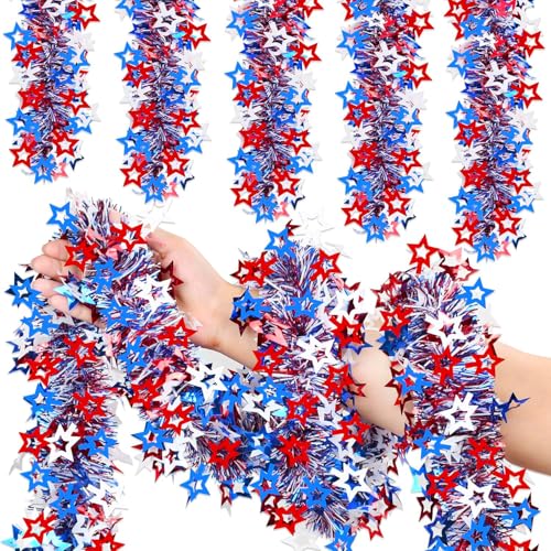 Image of 50FT 4th of July Patriotic Tinsel Garland, Glitter Tinsel Garlands with Cut Out Designs Star, Metallic Holiday Hanging Streamers for Memorial Day Independence Day Indoor Outdoor Party Decor