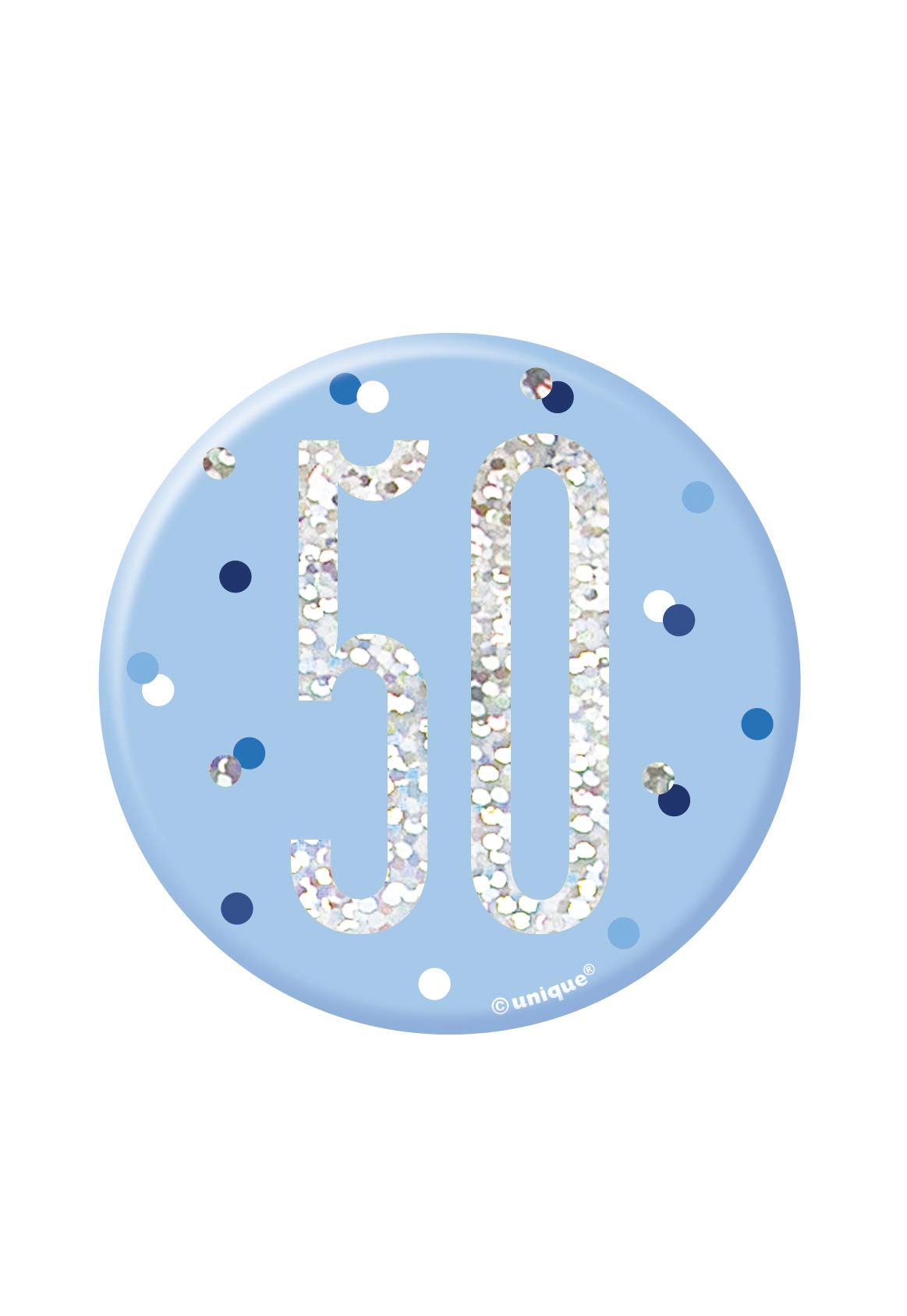 Badge 50e Anniversaire – Unique Party – Paillettes Bleu Argent – 7,5 Cm – Pin’s Pour Invité D’honneur – Fête Glamour