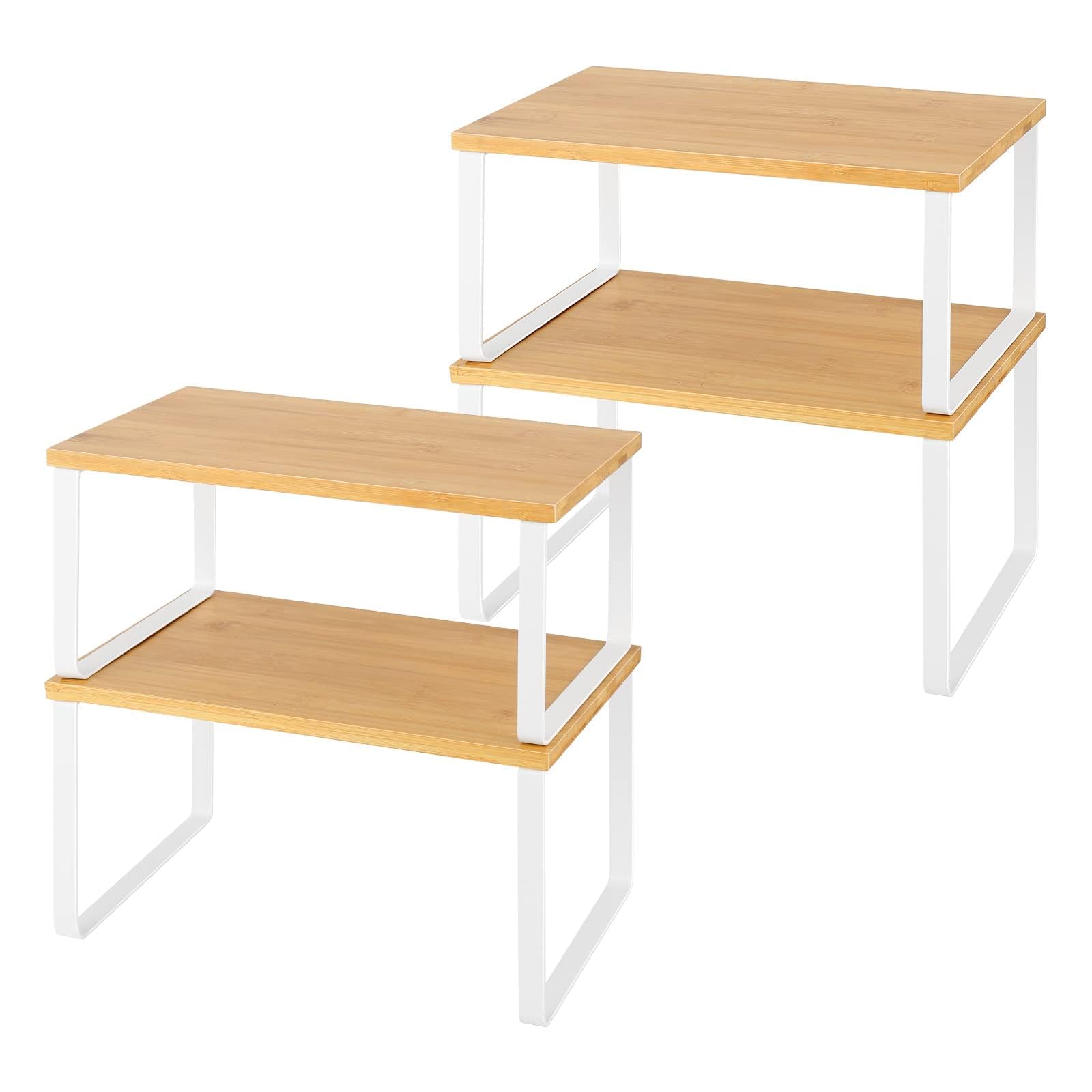 LIANTRAL Organisateur de Placard Lot de 4, Étagères de Cuisine, Étagère à Épices, Extensibles et empilables, étagères de Rangement en Bois pour Placard comptoir, Naturel/Blanc