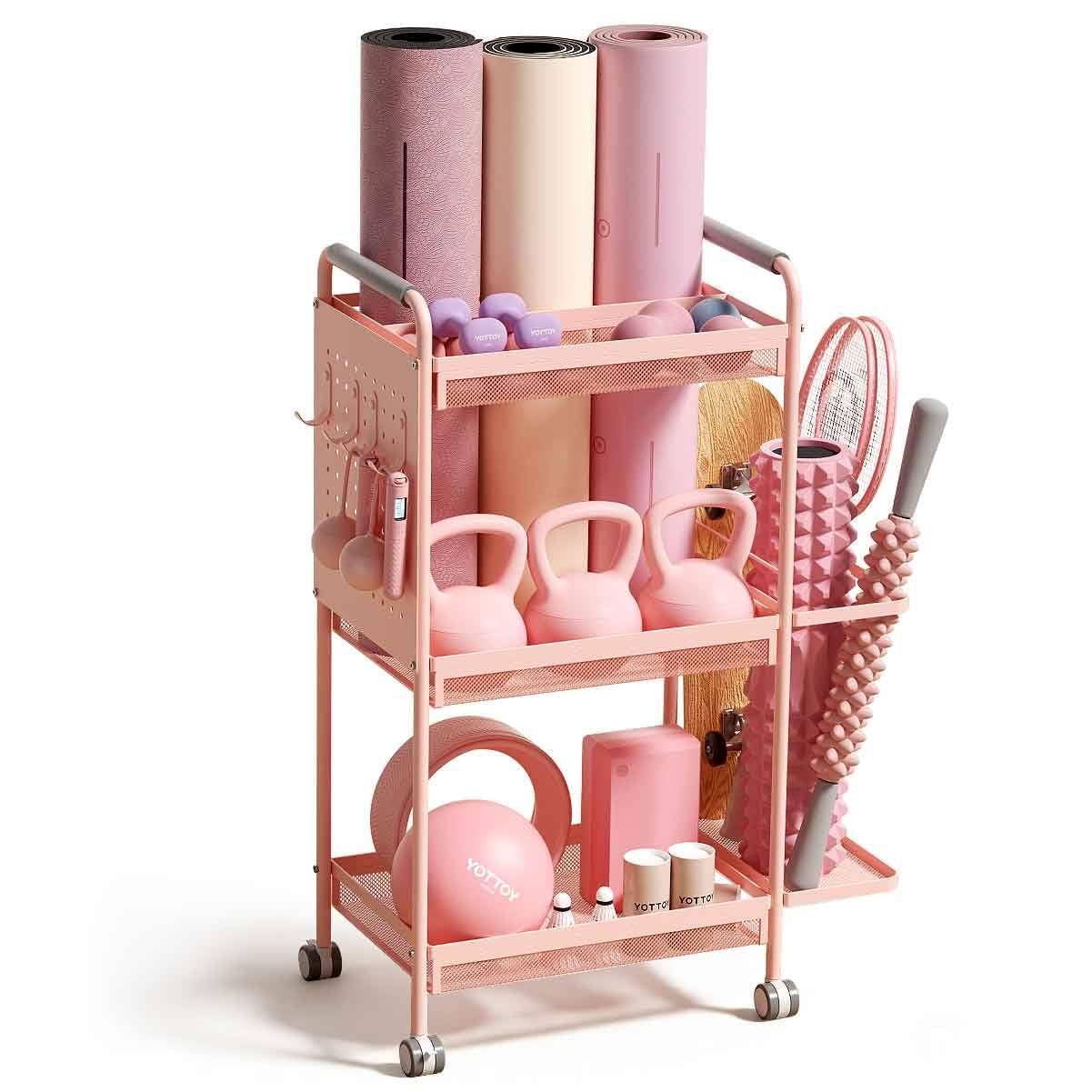 YOTTOY 3-Tier Gym Storage Rack for Home Gym–Multi-Functional Weight Rack, Dumbbell Rack, Yoga Mat Holder with Side Basket & 6 Hooks, Gym Equipment Organizer (Pink)