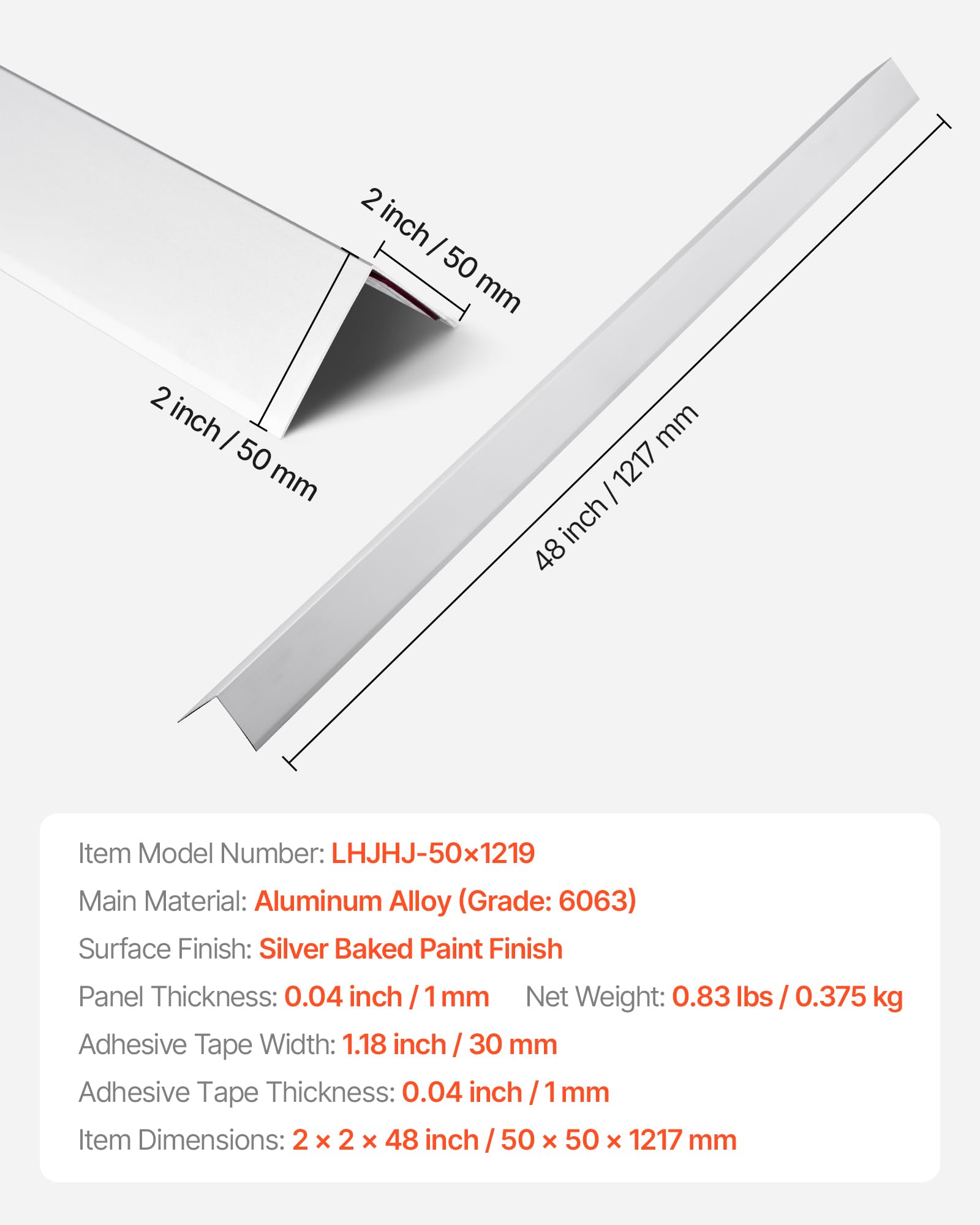 VEVOR Protector de Esquinas de Pared de Aleación de Aluminio, 50 x 50 x 1217 mm, Borde en Ángulo 90 Grados en Forma L, para el Hogar, la Oficina y el Comercio, con Cinta Adhesiva de 3 m, 12 uds