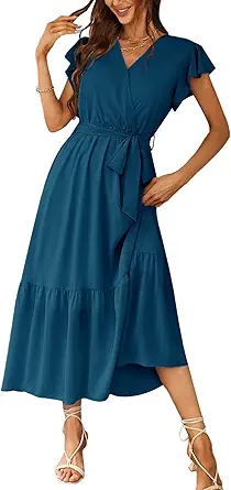 PRETTYGARDEN Women's Summer Floral Boho Maxi Dress Wrap Short Sleeve V Neck Ruffle A-Line Flowy Wedding Guest Long Dresses