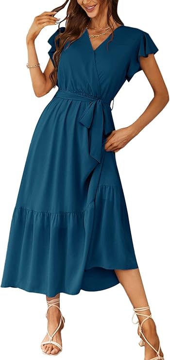 PRETTYGARDEN Women's Summer Floral Boho Maxi Dress Wrap Short Sleeve V Neck Ruffle A-Line Flowy Wedding Guest Long Dresses