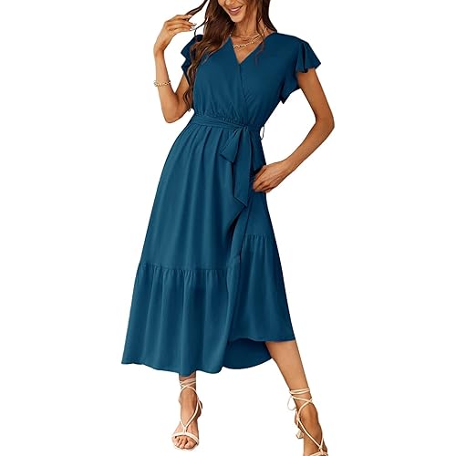 PRETTYGARDEN Women's 2024 Floral Boho Dress Wrap V Neck Short Sleeve Belted Ruffle Hem A-Line Flowy Maxi Dresses
