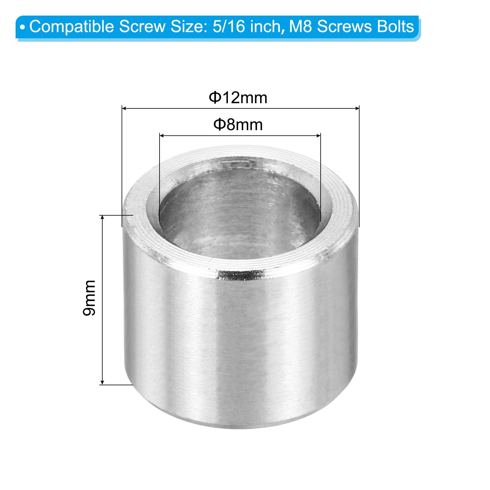 PATIKIL M8 Stainless Steel Spacers, 12Pcs Metal Spacer 8mm ID x 12mm OD x 9mm L Screw Standoff for 5/16" or M8 Screw - Image 2