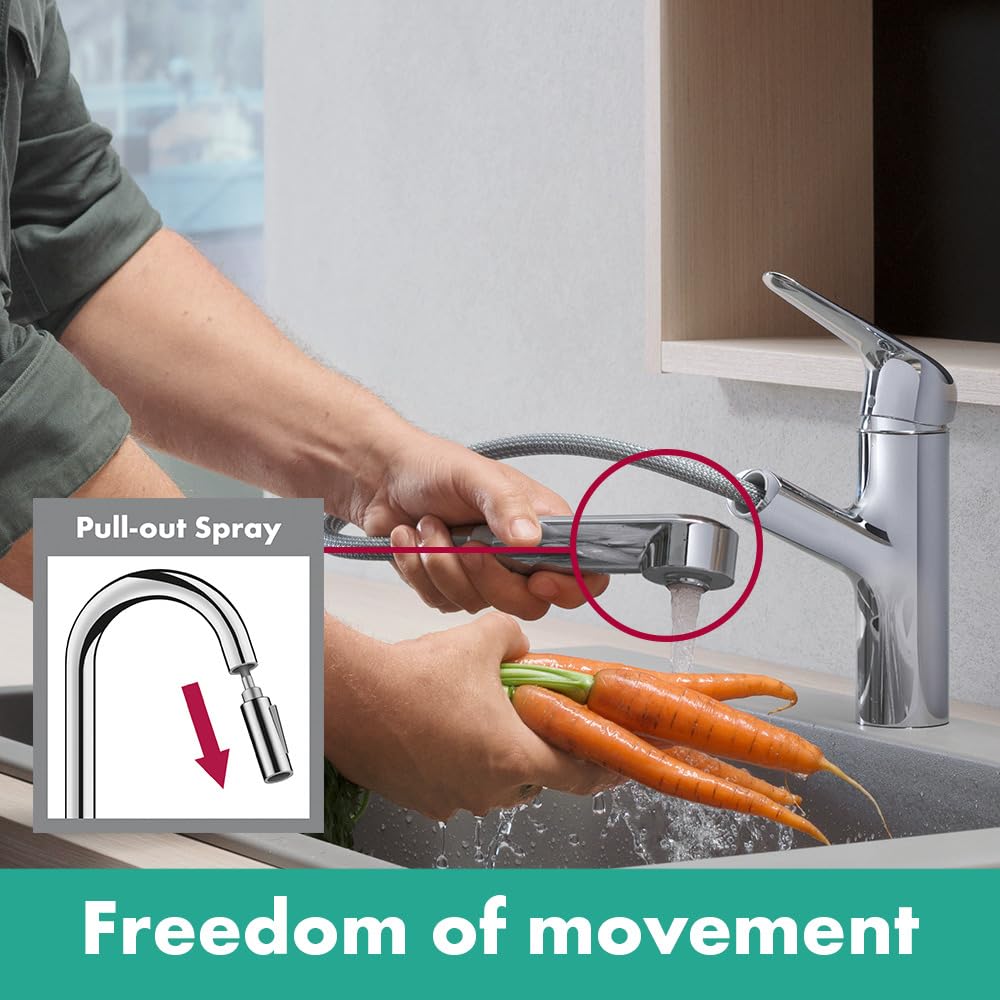 hansgrohe Focus M42 - Küchenarmatur mit Brause ausziehbar, 1 Stahlart, Wasserhahn Küche mit Auslaufhöhe 150 mm, Mischbatterie Küche schwenkbar, Chrom, 71814000