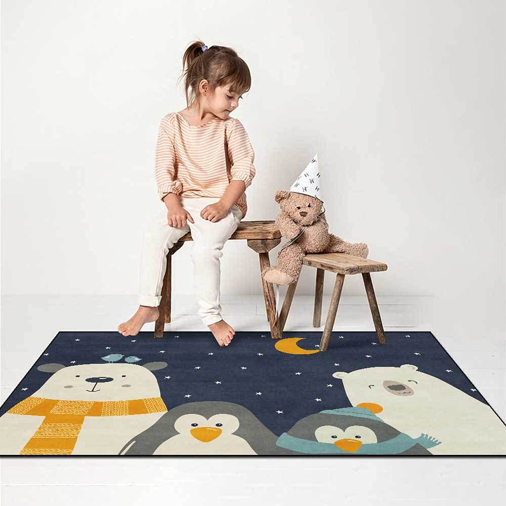 Alfombra de Juegos para bebés Casa de Carretera de Dibujos Animados Moderna Azul Oscuro, Dormitorio, Sala de Juegos, Juegos Familiares-100x120cm