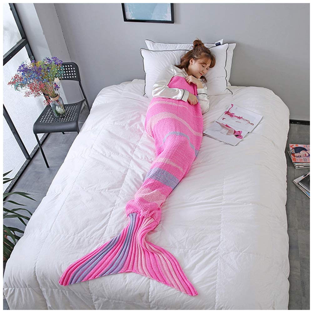 YOUCAI Handmade Mermaid Tail Blanket Crocheted Snuggle Blanket Gifts for for Adult Or Kids Sleeping Bag Pink 70x140cm